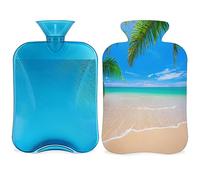 Bolsa de agua caliente tropical de playa con funda esponjosa, 2 L, botella de palma de playa de gran capacidad, bolsa de agua para noches acogedoras, alivio del dolor, espalda, cuello y hombros