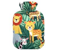 Bolsa de agua caliente verde con diseño de animales de la selva, con tapa suave, bolsa de agua caliente para calambres menstruales, 2 litros