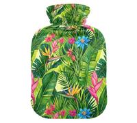 Bolsa de agua caliente verde con diseño de flores tropicales de la selva con pies de cubierta suave y calentador de cama, bolsa de agua caliente para aliviar el dolor, pequeña