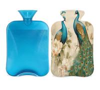 Bolsa de agua caliente vintage con diseño de flor de pavo real con funda, bolsa de agua caliente pintada con animales de 2 L para aliviar el dolor, cuello y hombros, manos, pies, compresa caliente y