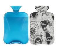 Bolsa de agua caliente vintage con diseño de mapa del mundo con funda, bolsa de agua caliente de 2 litros para aliviar el dolor, cuello y hombros, manos, pies, compresa caliente y fría