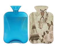 Bolsa de agua caliente vintage con funda esponjosa, 2 l, gran capacidad, temática de París, bolsa de agua para noches acogedoras, alivio del dolor, espalda, cuello y hombros