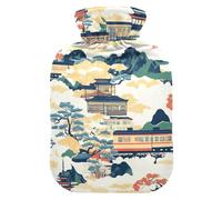 Bolsa de agua japonesa de arquitectura caliente con cubierta suave, bolsa calentadora de 2 litros para dolor muscular, calambres menstruales, bolsa de calor para dolor menstrual