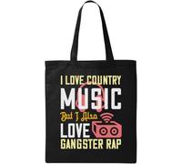 Bolsa de algodón ecológico natural con eslogan de rap y texto "I Love Country Music, but I Also Love Gangster", color negro, Black, Talla única
