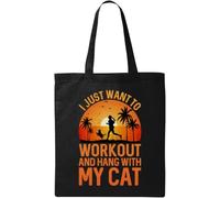 Bolsa de algodón ecológico natural con texto en inglés "I Just Want to Workout and Hang with My Cat", color negro, Black, Talla única