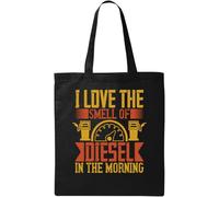 Bolsa de algodón ecológico natural con texto en inglés "I Love The Smell of Diesel in The Morning Mechanic", color negro, Black, Talla única