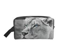 Bolsa de almacenamiento con estampado de vaca en blanco y negro, bolsa de aseo de viaje duradera, bolsa organizadora portátil de maquillaje y cosméticos con cremallera, Leona con ojos azules y verdes