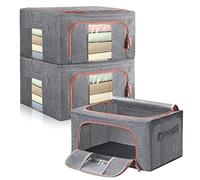 Bolsa de almacenamiento de ropa, Almacenaje bajo la cama con Marco de Metal, Cremallera de doble apertura,Ventana de Visión, Asas Reforzadas, Lino de algodón grueso 3x24L