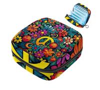 Bolsa de almacenamiento de servilletas sanitarias con símbolo de paz de flores coloridas, bolsa grande para copa menstrual con cremallera, bolsa para almohadillas de período, bolsa de almacenamiento