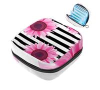 Bolsa de almacenamiento de servilletas sanitarias, diseño de girasol rosa y negro a rayas blancas y negras, bolsa de almohadilla menstrual portátil, forro de panty, tampones, almohadillas sanitarias,