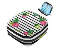 Bolsa de almacenamiento de servilletas sanitarias, hojas florales de soya tropical, rayas negras, bolsa de almohadilla menstrual portátil, forro de panty, tampones, almohadillas sanitarias, soporte de