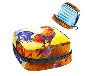 Bolsa de almacenamiento para almohadillas de servilletas sanitarias, menstrual, organizador de bolsas para almohadillas femeninas, tampones, gallo caminando sobre valla de madera