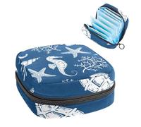 Bolsa de almacenamiento para compresas sanitarias, bolsa para copa menstrual, organizador de bolsas para almohadillas femeninas, tampones, caballito de mar, estrella de mar, coral sobre azul