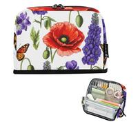 Bolsa de almacenamiento para lápices con diseño de flores silvestres botánicas y amapolas rojas, estuche con cremallera, gran capacidad, suministros de oficina para la escuela secundaria