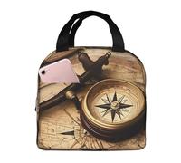 Bolsa de almuerzo aislada con brújula y mapa del mundo antiguo para mujeres y hombres, reutilizable, portátil, a prueba de fugas, bolsa de almuerzo con bolsillo frontal para viajes, picnic, oficina