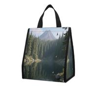 Bolsa de almuerzo aislada con diseño de bosque de coníferas, lago de cráter, capacidad de 12 litros con bolsillos laterales dobles, bolsa enfriadora plegable, bolsa de almuerzo a prueba de fugas