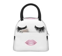 Bolsa de almuerzo aislada con estampado de labios y pestañas blancas, portátil, a prueba de fugas, reutilizable, para trabajo, escuela, picnic, niños y niñas