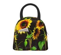 Bolsa de almuerzo aislada con estampado de tres girasoles en madera, portátil, a prueba de fugas, reutilizable, para trabajo, escuela, picnic, niños y niñas