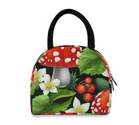 Bolsa de almuerzo aislada con hongos rojos, hojas verdes, de nailon Oxford de gran capacidad, doble bolsillo para mujeres, actividades al aire última intervensión
