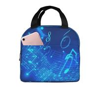 Bolsa de almuerzo aislada con notas musicales azules para mujeres y hombres, reutilizable, portátil, a prueba de fugas, bolsa de almuerzo con bolsillo frontal para viajes, picnic, oficina, trabajo