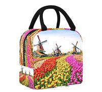 Bolsa de almuerzo con diseño de campos de flores y molino de viento para mujer, bolsa térmica de apertura ancha, impermeable, a prueba de fugas, organizador de almuerzo térmico