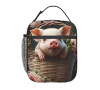 Bolsa de almuerzo con diseño de cesta de flores y cerdito para mujer, reutilizable, linda, tipo lonchera para adultos y hombres, a prueba de fugas, ideal para el trabajo, la oficina, viajes y picni