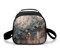 Bolsa de almuerzo cruzada de madera rústica con diseño de hojas florales y bolsa de almuerzo pequeña aislada con correa de hombro ajustable, lonchera reutilizable para el trabajo, picnic, viajes