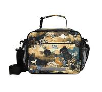 Bolsa de almuerzo de color oscuro con flores de estilo pastoral para el trabajo, con correa para el hombro, bolsa térmica para la universidad familiar