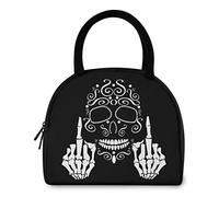 Bolsa de almuerzo reutilizable con diseño de calavera con dedo medio hacia arriba con bolsillo frontal con cierre de cremallera, bolsa térmica aislada para hombre, mujer, trabajo, picnic, viajes, play
