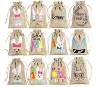 Bolsa de arpillera con cordón, bolsa de yute de conejo de Pascua | Bunny 12 unidades Goody Bag bolsa de yute con cordón, bolsa de lino para dulces de huevo de primavera para boda
