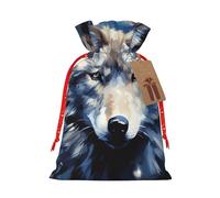 Bolsa de arpillera con cordón de cabeza de lobo sobre fondo azul, bolsas de regalo de Navidad, bolsas de regalo grandes con cordón, bolsas de regalo con etiqueta, bolsas de regalo de Navidad, bolsa de
