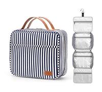 Bolsa de Aseo Colgante, Impermeable Neceser de Viaje Gran Bolsa de Aseo Impermeable Neceser Maquillaje con 4 Compartimentos y 1 Gancho Resistente para Mujeres/Hombres (Azul Marino y Blanco a Rayas)