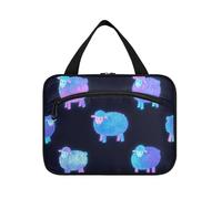 Bolsa de aseo de viaje con diseño de ovejas fluorescentes azules de dibujos animados para hombres con gancho, bolsa de maquillaje acolchada expandible para adultos, baño, Porta cosmeticos para mujer
