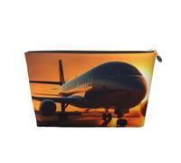 Bolsa de aseo de viaje de piel con estampado de avión al atardecer para mujer, bolsa de viaje para artículos de tocador, bolsa de cosméticos, bolsa de maquillaje, Gold, Talla única, Neceser