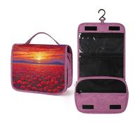 Bolsa de aseo de viaje para mujer, diseño de atardecer rojo sobre el campo de amapolas, organizador de maquillaje colgante con gancho para champú