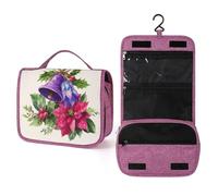 Bolsa de aseo de viaje para mujer, diseño de campana de Navidad, hojas de acebo, bayas, acuarela, morado, organizador de maquillaje colgante con gancho para champú