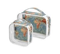 Bolsa de aseo de viaje transparente, diseño retro de mapa del mundo, Islas Continentes, bolsa de cosméticos, bolsas de maquillaje, paquete de 2 unidades, de PVC, portátil, impermeable, bolsa de