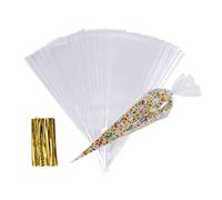Bolsa de Celofán de Cono,100 Pcs Bolsas de Celofán de Transparente para Chuches con Lazos de Torsión, Plástico Bolsas para Cumpleaños Fiesta, para Galletas Caramelo Dulces Regalos Piruletas,13 * 25cm