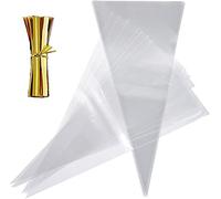 Bolsa de Celofán de Cono,100 Pcs Bolsas de Celofán de Transparente para Chuches con Lazos de Torsión, Plástico Bolsas para Cumpleaños Fiesta, para Galletas Caramelo Dulces Regalos Piruletas 18 x 37 cm