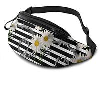 Bolsa de cintura casual unisex con notas musicales y margaritas en rayas, bolsa de viaje para correr, bolsa de espera al aire libre con correa ajustable, Notas musicales y margaritas sobre rayas,
