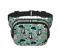 Bolsa de cintura cruzada de doble capa con estampado floral de Border Collie, negro, talla única, negro, talla única, Negro, One Size
