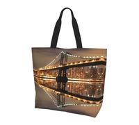 Bolsa de compras de gran capacidad con estampado de cielo nocturno con árboles para mujer, esencial para viajes y compras, New York Manhattan Bridge Night, Talla única