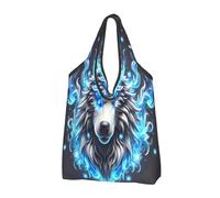 Bolsa de compras plegable reutilizable con cara de lobo azul fantasía 3D grande con asas de transporte