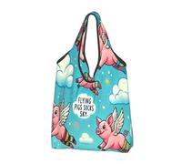 Bolsa de compras plegable reutilizable con diseño de cerdos voladores Lgbtq Rainbow grande con asas de transporte