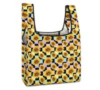 Bolsa de compras plegable reutilizable con diseño de girasoles, arcoíris, pastel y cuadros negros, estilo retro de los años 80 y 90, estilo grunge. Bolsa de almacenamiento para supermercado, viajes y