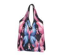 Bolsa de compras plegable reutilizable con diseño de mariposas y cintas de concienciación sobre el cáncer de mama, bolsa grande con asas de transporte