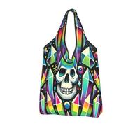 Bolsa de compras plegable reutilizable con diseño geométrico de calavera arcoíris grande con asas de transporte