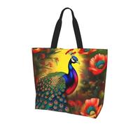 Bolsa de compras reutilizable de un hombro, flores de pavo real, bolsa de mano casual de un solo hombro, bolsa de compras grande multiusos