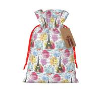 Bolsa de cordón con diseño de la Torre Eiffel de París francés, con etiqueta de papel kraft para Navidad, Halloween, fiesta, regalo