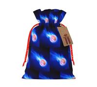 Bolsa de cordón con diseño de pelota de baloncesto de fuego azul con etiqueta de papel kraft para Navidad, Halloween, fiesta, embalaje de regalo